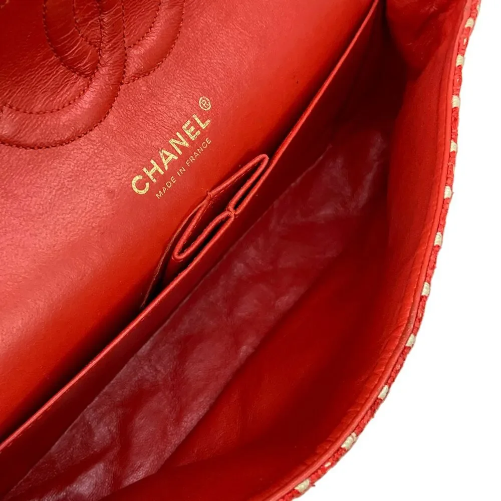 Chanel Double Flap Matelasse Shoulder Bag Red Cream Gold Tweeds Hardware